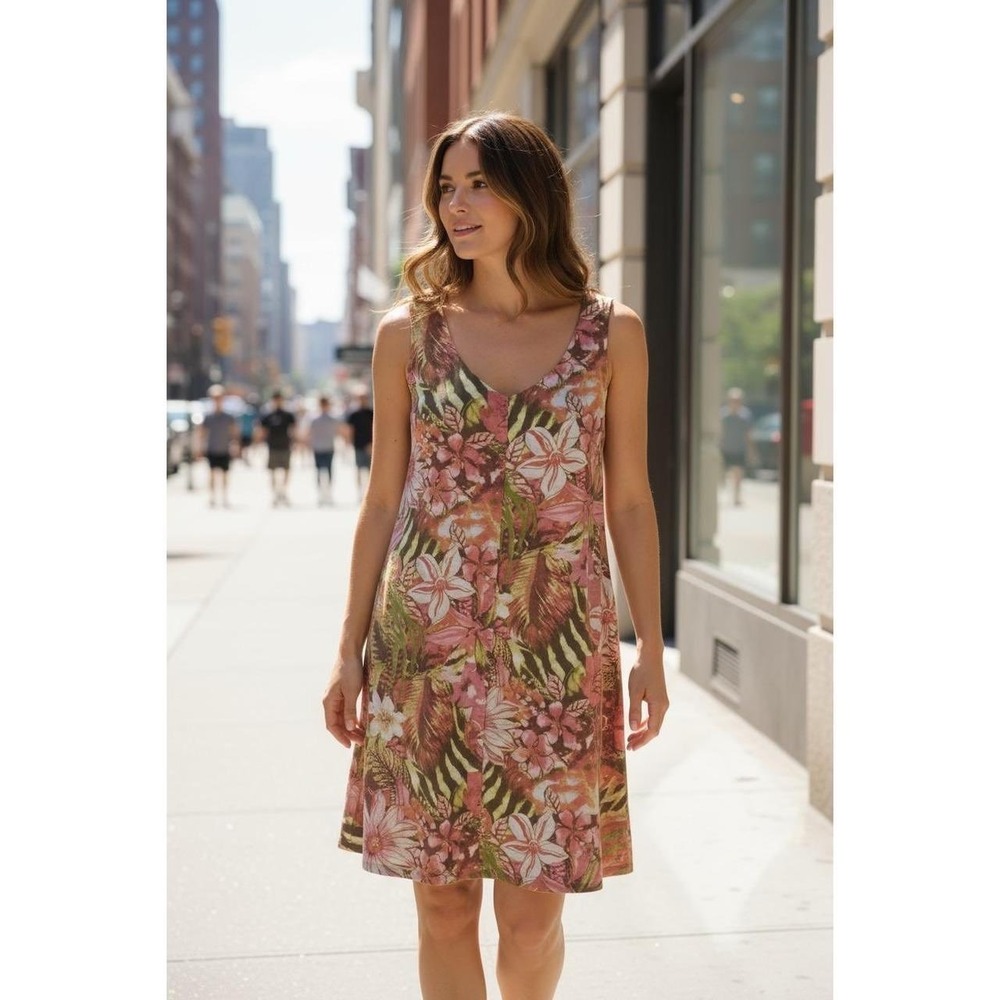 J. Jill Love Linen Tropical Floral V-Neck Shift Dress Pink Coral Plus 2X